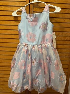 NWT Rare Editions Blue Dress with Pink Floral Appliqué